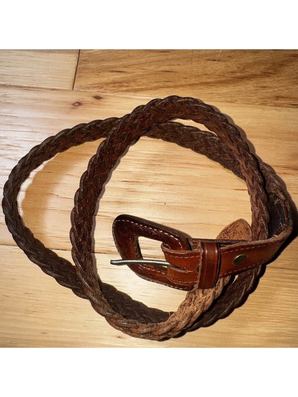 Vintage Leegin Braided Leather Belt Western Tooled Buckle Brown Size L 35”
